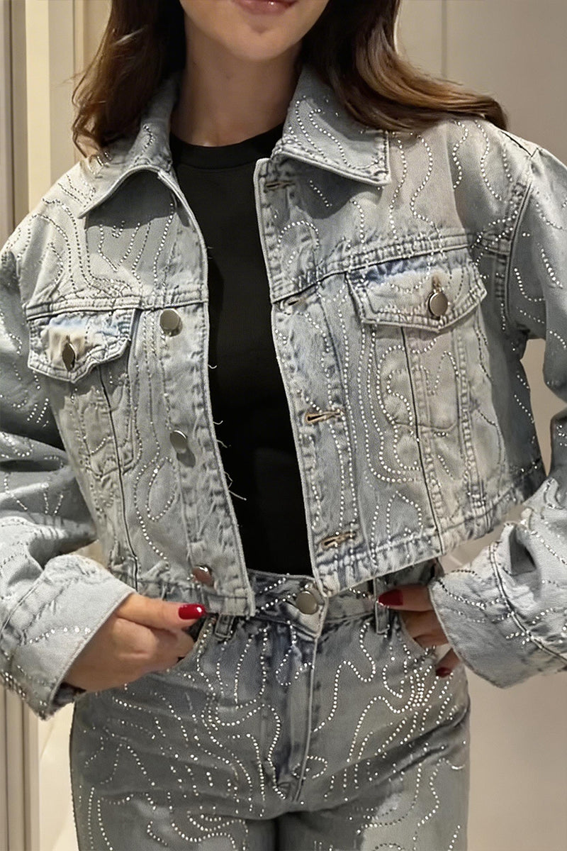 Women's Casual Wave Rhinestone Denim Jacket & Jeans