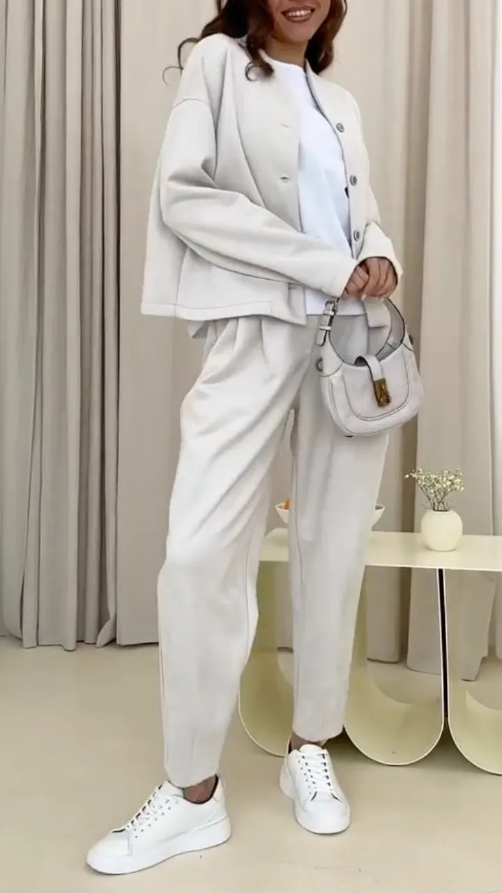 Beige Stand Collar Cropped Jacket & Pleated Ankle Pant Two Piece Suit