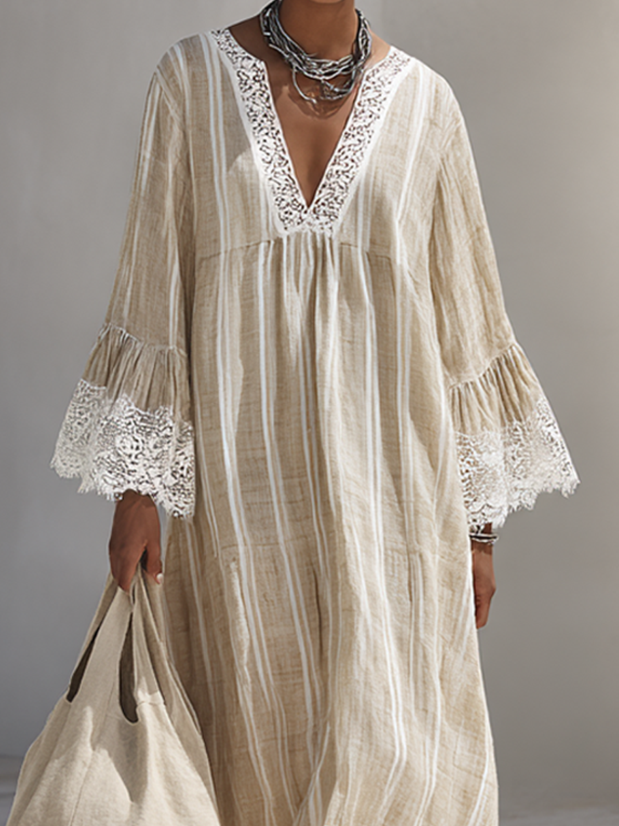 Women's Minimalist Beige Vertical-Stripe Maxi Dress With White Lace Trim And Flared Long Sleeves MDZ1745F9ZRK