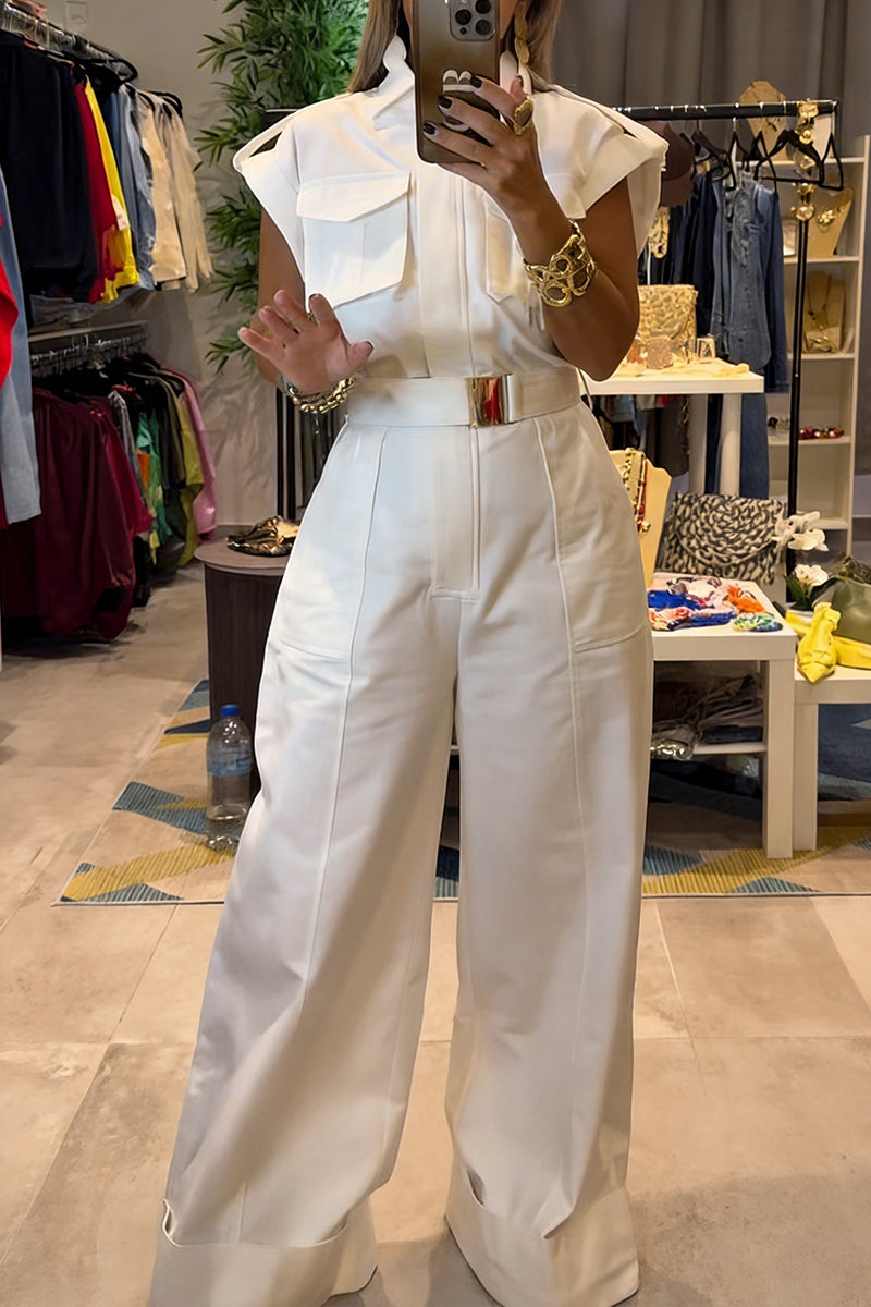 Women's Fashion Flap Pocket Wide Shoulder Wide Leg Jumpsuit with Belt