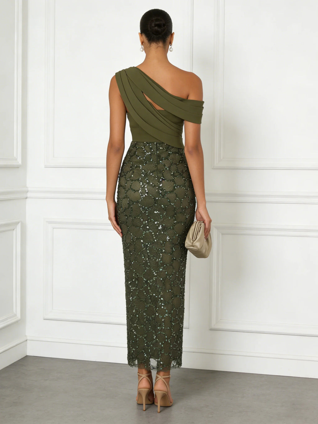 Olive Green Glitter Sequin Asymmetrical Sleeveless Sheath Maxi Dress