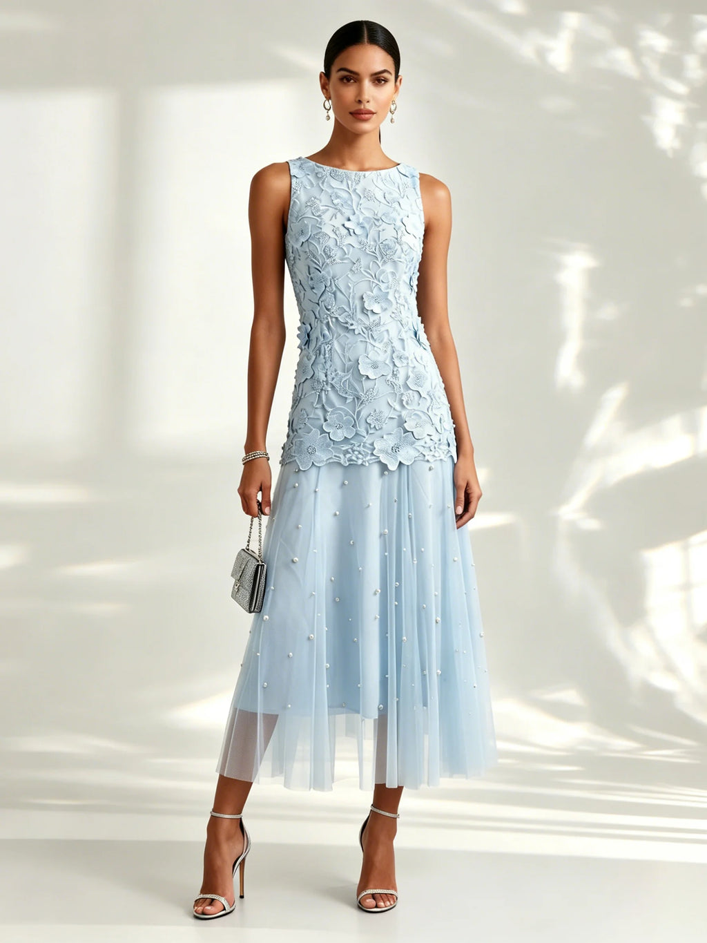 Light Blue Lace Lace Boat Neck Sleeveless A-Line Maxi Dress