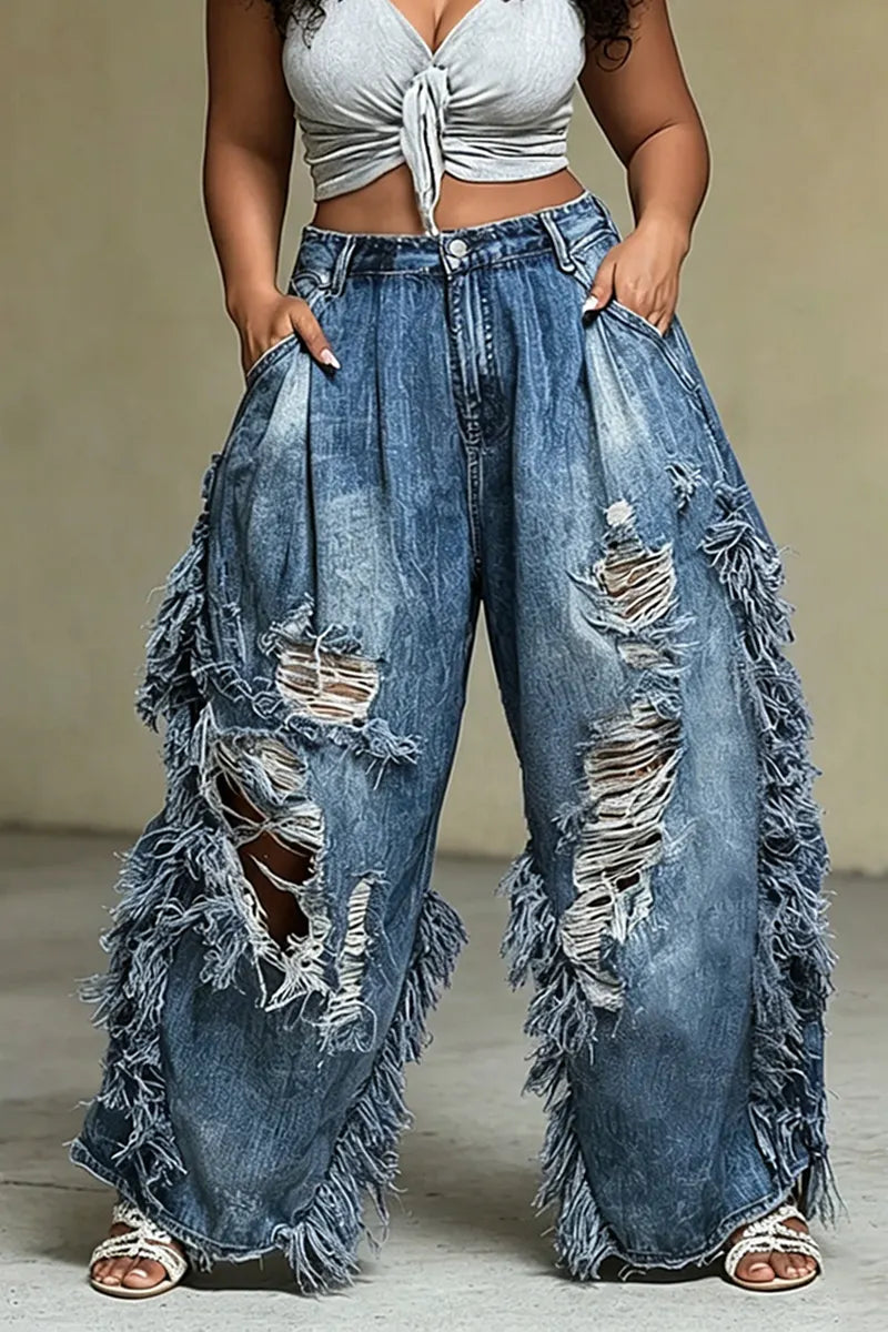 Women's Street Fashion Ripped Raw Hem Panel Jeans