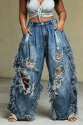 Women's Street Fashion Ripped Raw Hem Panel Jeans