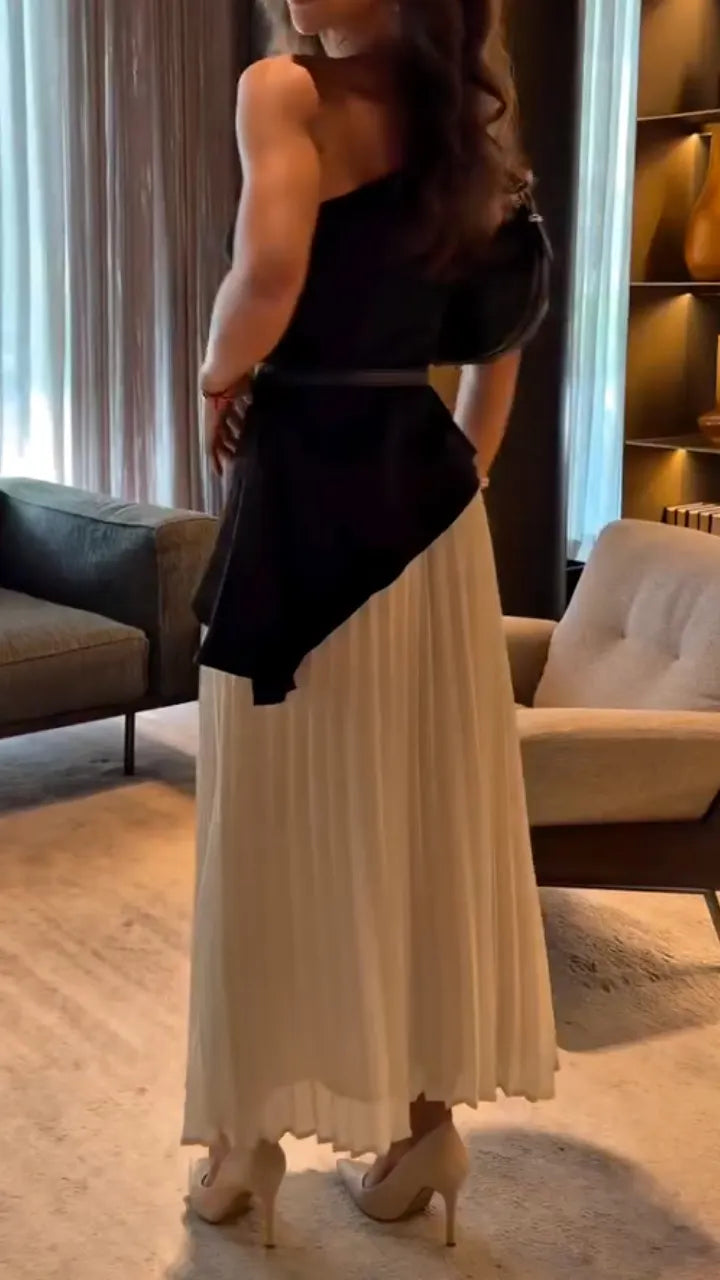 Elegant Women's One-Shoulder Top + Pleated Skirt Set
