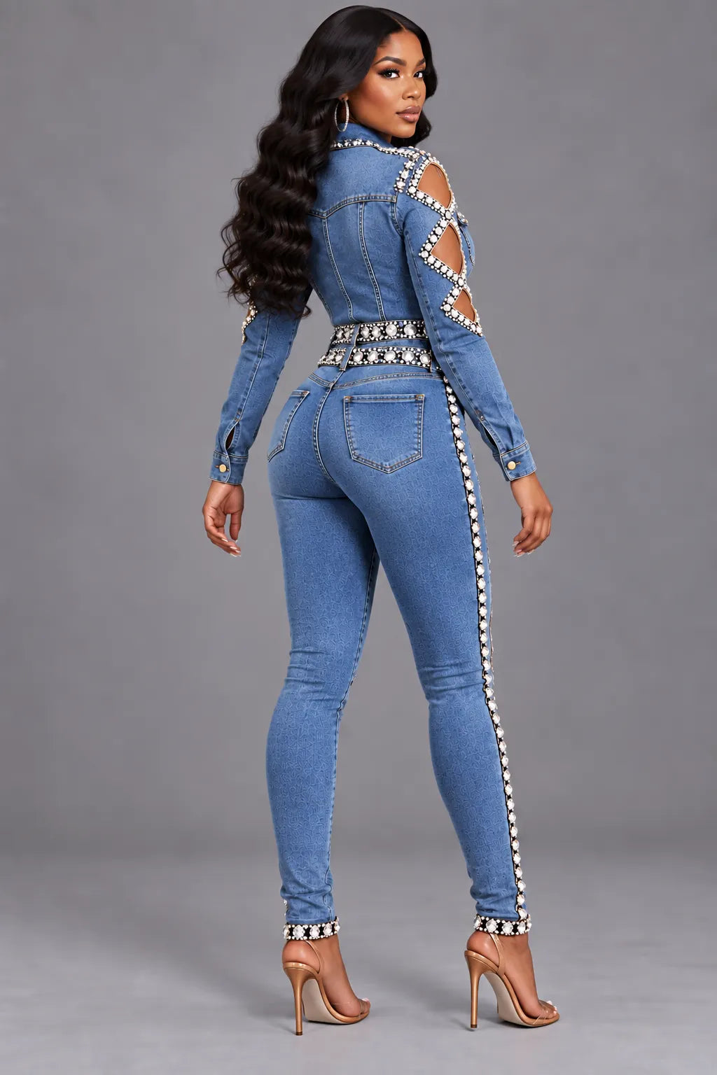 Crystal Heart Cutout Denim Jumpsuit