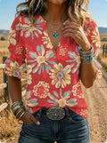 Women's Retro Floral Art Puff Sleeve Casual Shirt