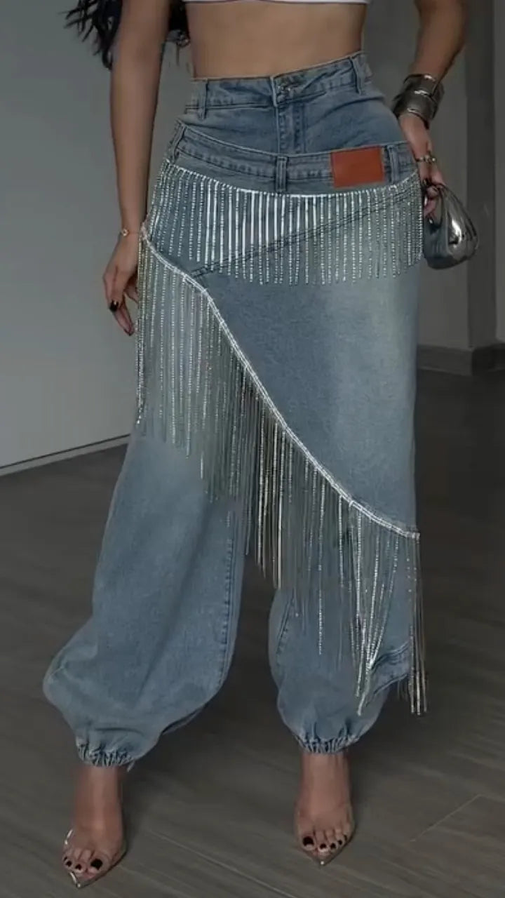 Crystal Fringe Balloon Jeans