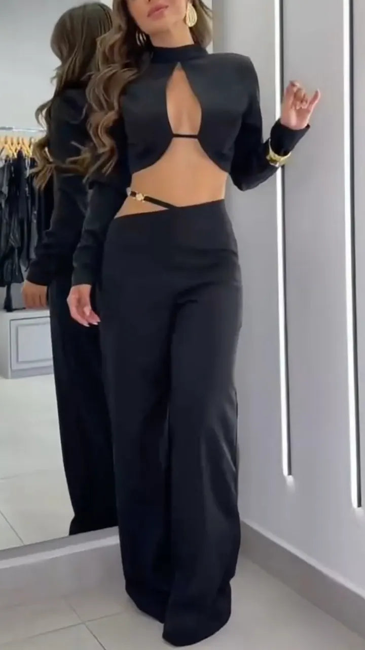 Cutout Long Sleeve Top & Wide Leg Pants Set