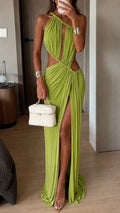 Green Halter Cutout Slit Maxi Dress