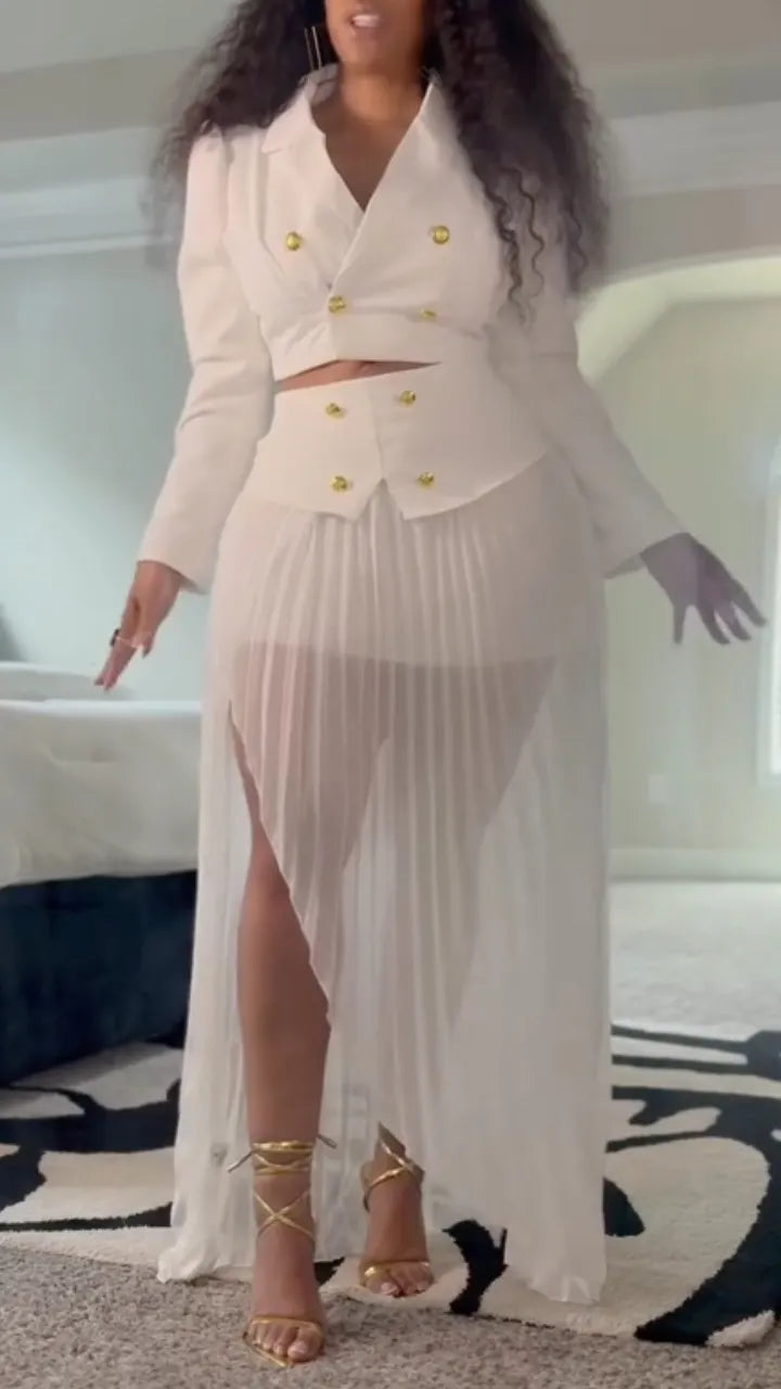 White Blazer Pleated Maxi Skirt Suit