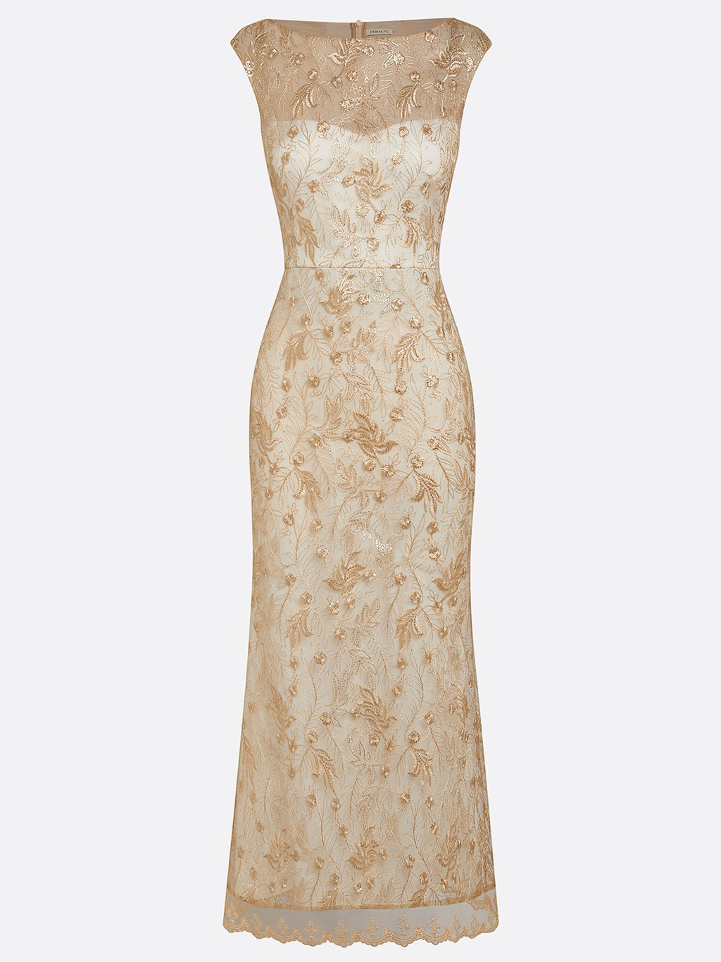 Champagne Embroidery Lace Boat Neck Sleeveless Sheath Maxi Dress