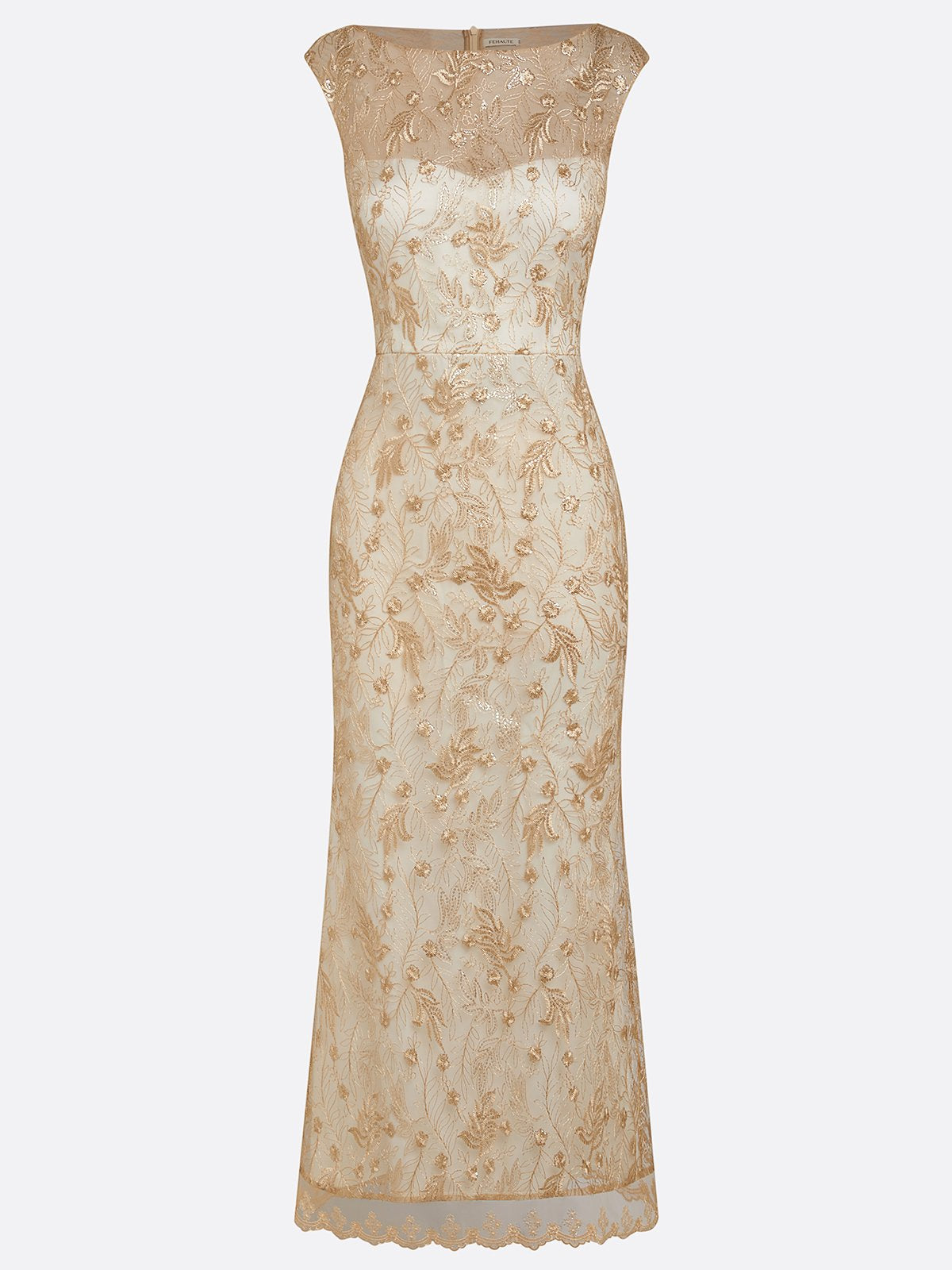 Champagne Embroidery Lace Boat Neck Sleeveless Sheath Maxi Dress