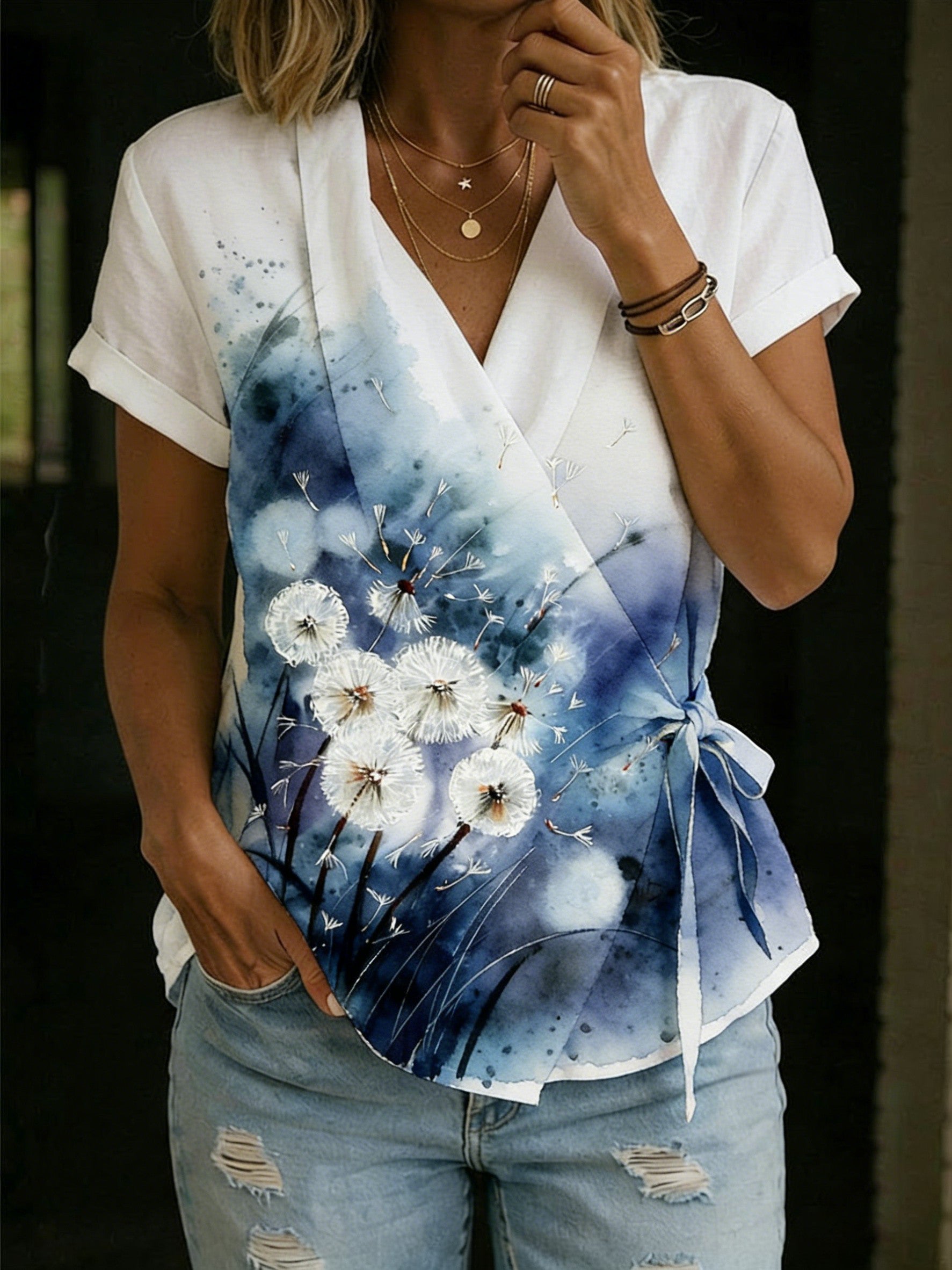 Women's Vintage Ethnic Floral Print Casual Cross-over Tie Neck Top