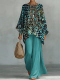 Bohemian-style Blue Leopard Print Batwing Top + Linen-look Wide-leg Pants Two-piece Set