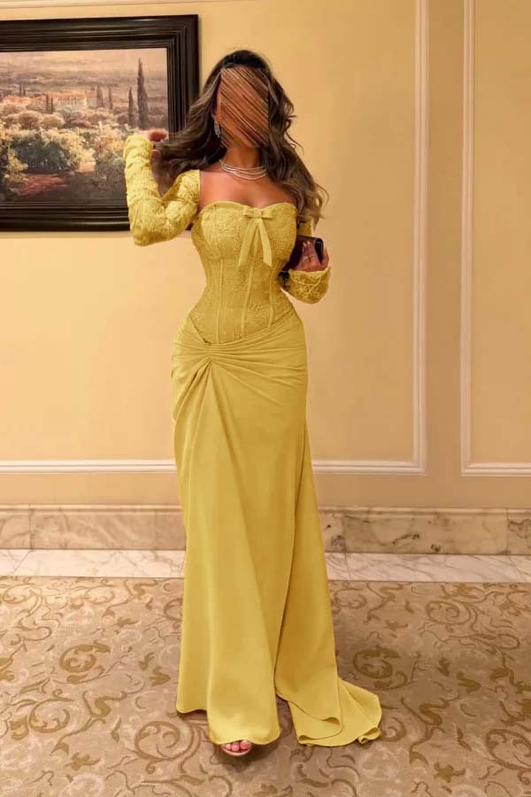 Satin And Lace Sweetheart Strapless Long Sleeves Long Pleated Mermaid Prom Dress With Bow JQ0316