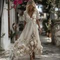 Women's Vintage Floral Embroidery Art Comfy Linen Maxi Dress