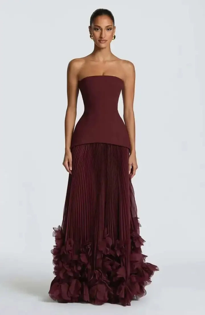 Cocoslly Strapless Sleeveless High Waist Long Prom Dress With Appliques And Pleated | Cabemet Chiffon YQ0118