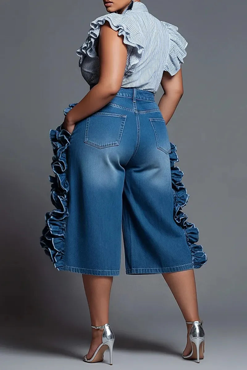 Women's Party Flounce Trim Side Pocket Cropped Jeans
