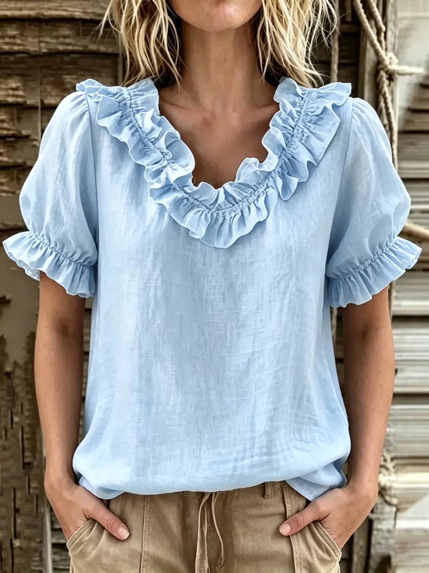 Women's Ruffle V-Neck Puff Sleeve Linen Blouse