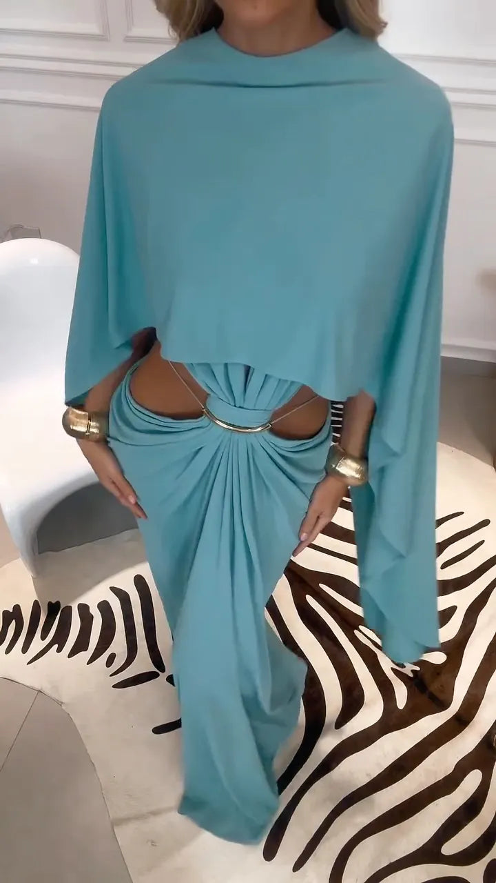 Turquoise Cape Cutout Metal Ring Draped Maxi Dress