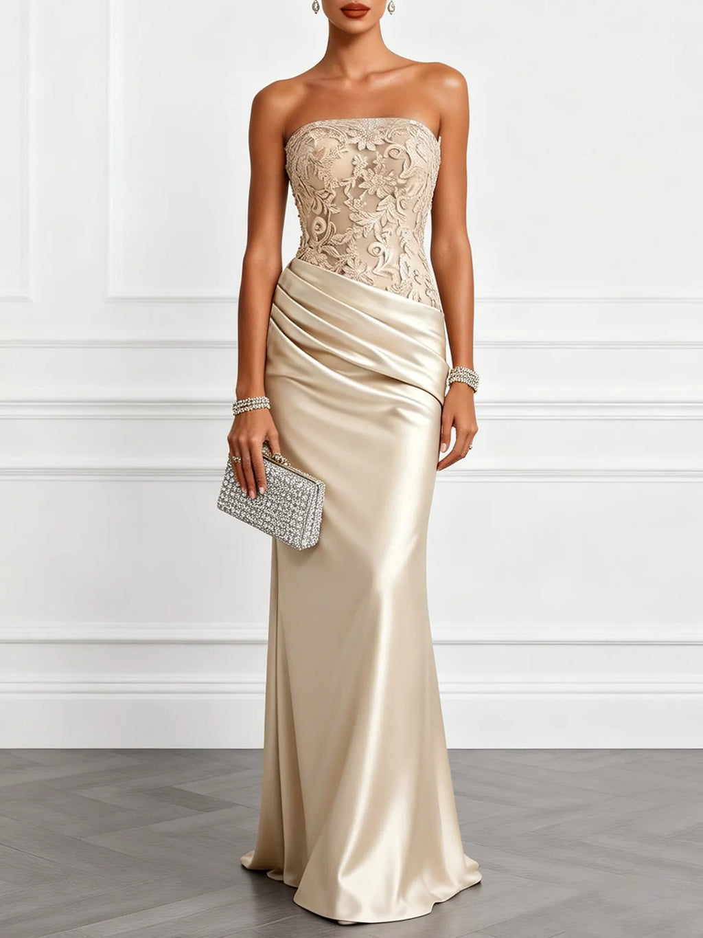Champagne Lace Jacquard Satin Strapless Sleeveless Mermaid Gown Dress