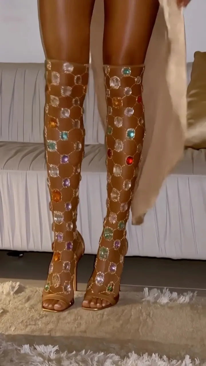 Multicolor Gem Rhinestone Thigh High Heeled Boots Sock