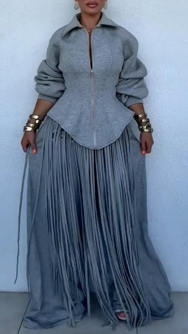 Grey Zip Corset Top With Long Fringe Wide Leg Pants Set