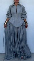 Grey Zip Corset Top With Long Fringe Wide Leg Pants Set