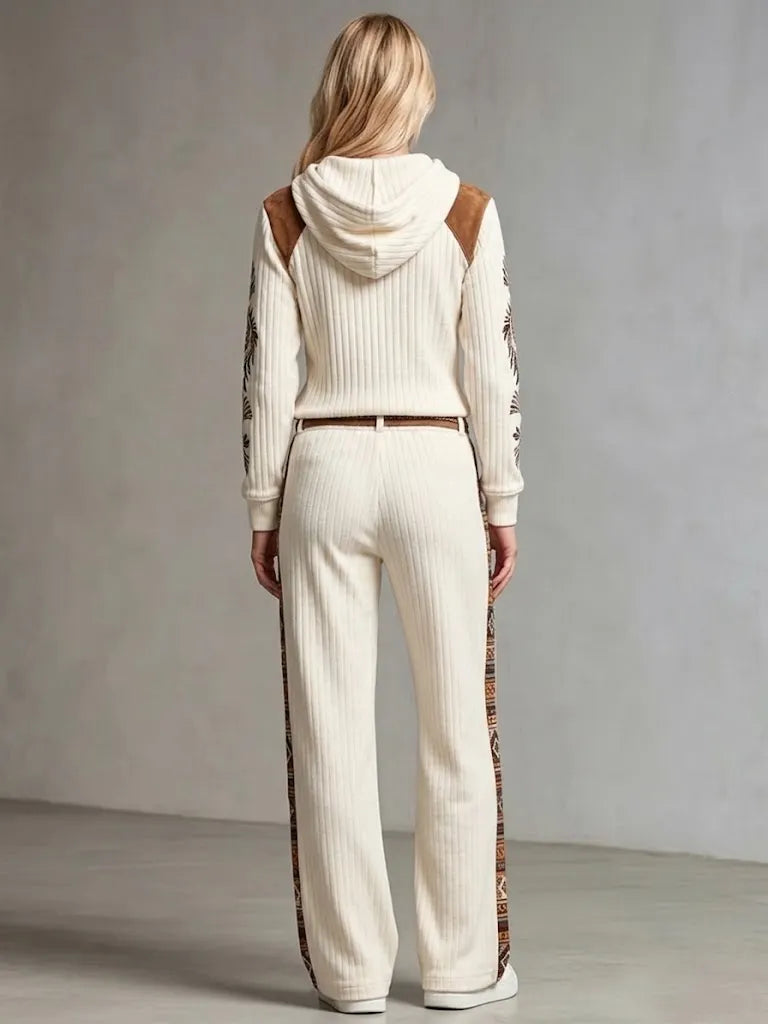 Bohemian Patchwork Faux-suede And Ribbed Knit Two-piece Set (top And Pants)