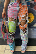 Ladies' Hot Selling Elegant Printed Ripped Straight Leg Jeans