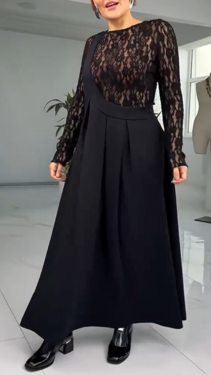 Lace Long Sleeve Suspender Pleated Maxi Dress