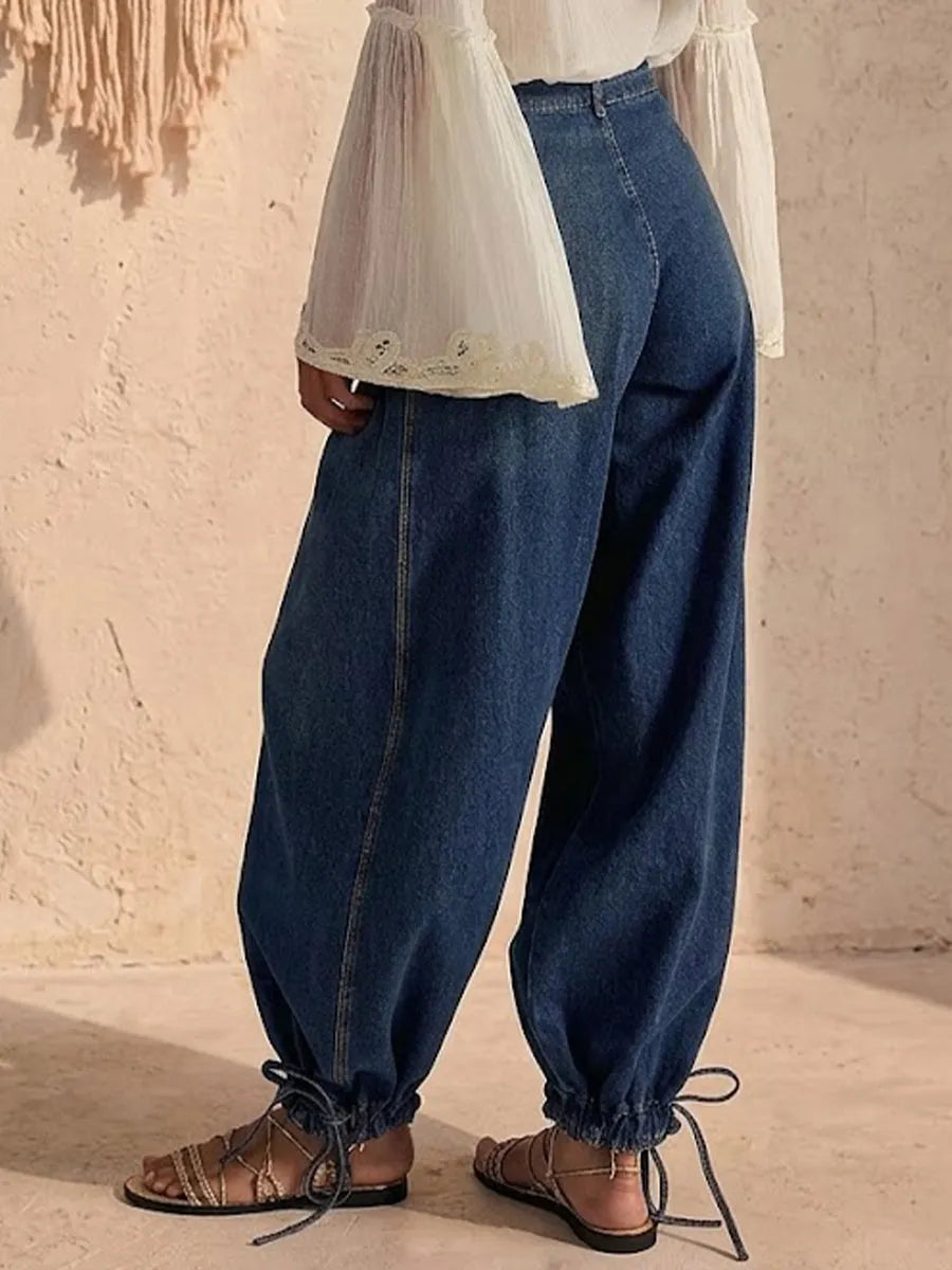 Pleated Mid-rise Loose Wide-leg Lotus-style Jeans