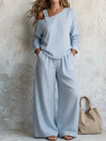 One Shoulder Strap Long Sleeve Top & High Waist Wide Leg Pants Linen Blend Two Piece Set