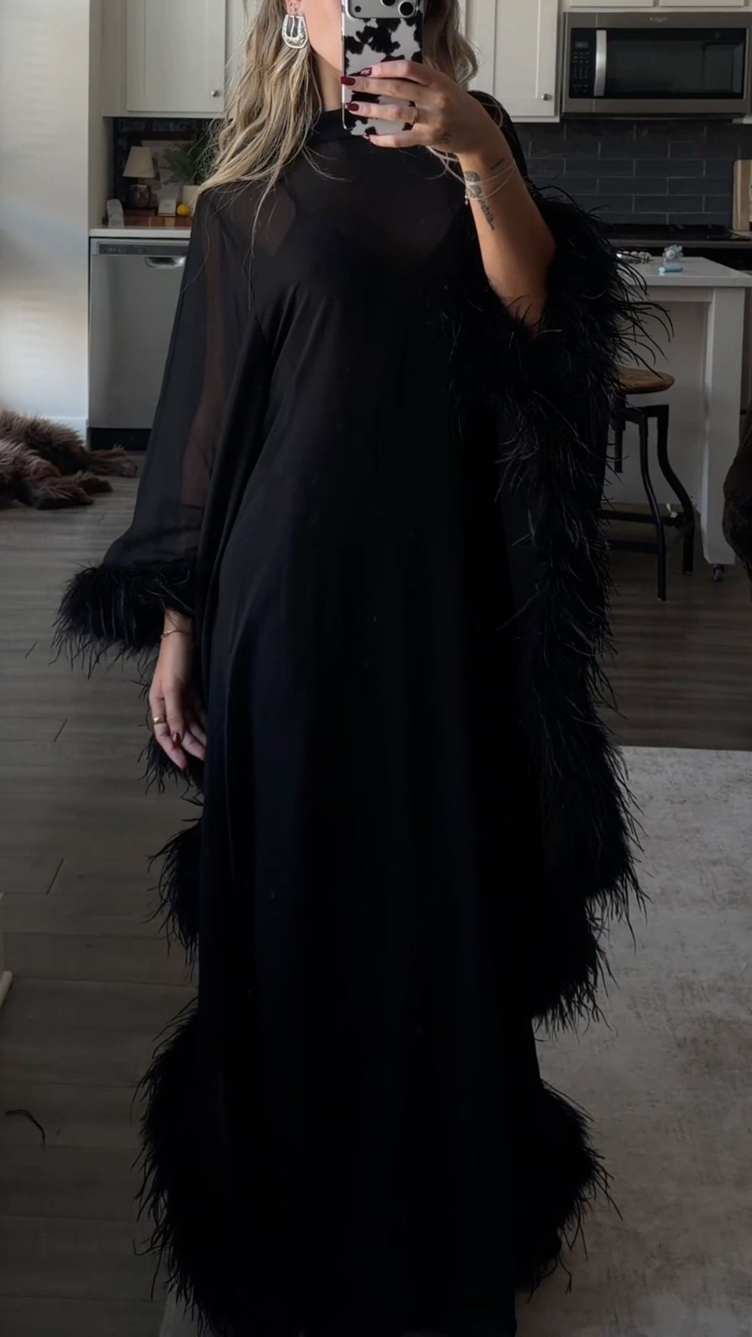 Black Sheer Feather Trim Maxi Dress