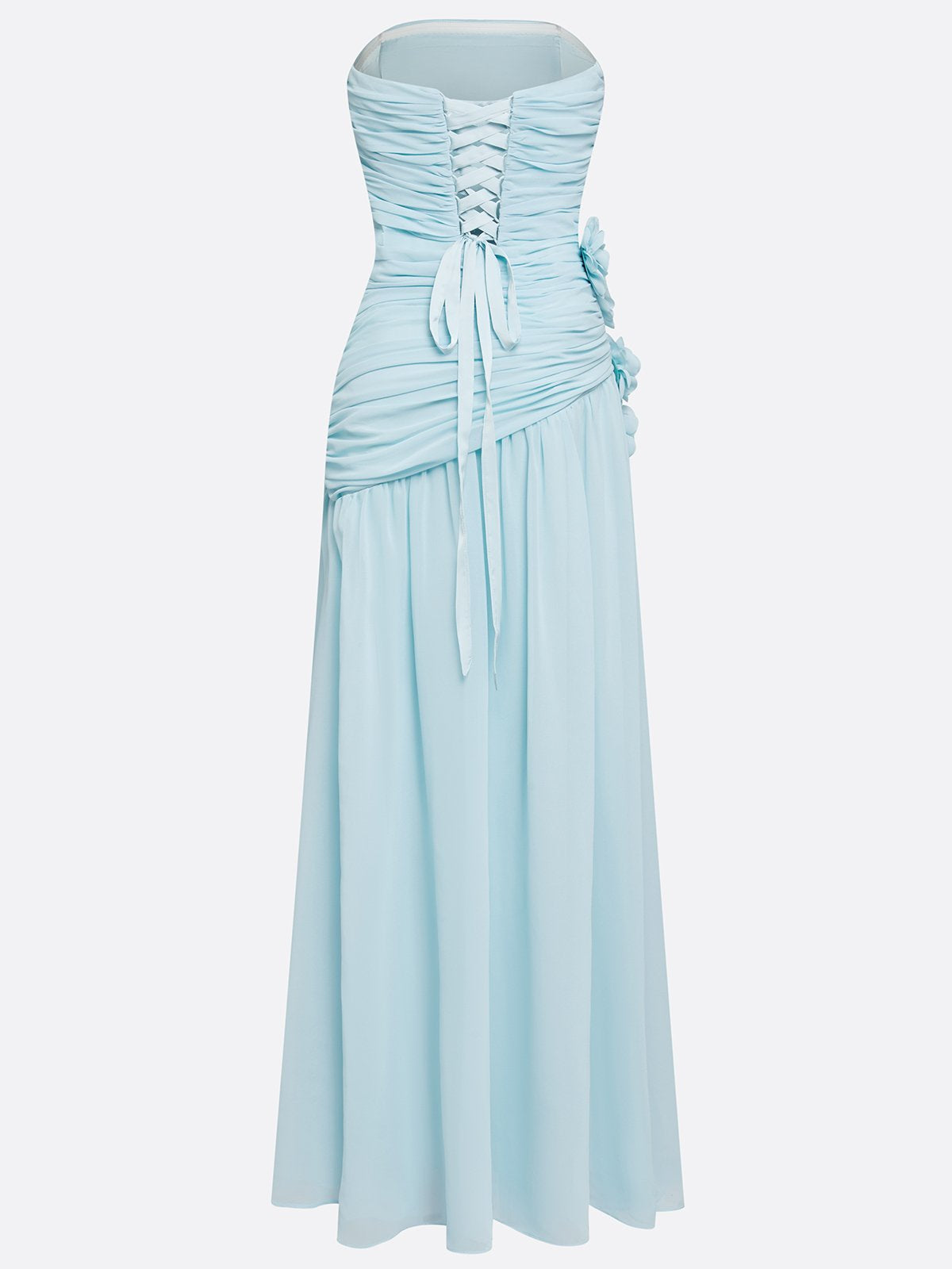 Blue Ruched 3D Floral Chiffon Strapless Sleeveless A-Line Floor-length Gown Dress