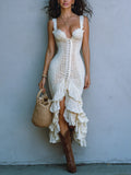 Crochet Lace Sheer Bodycon Dress With Ruffled Hem And Front Button Detail
