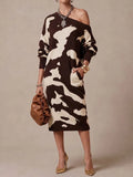 Women's Abstract Print Off-shoulder Neck Long Sleeve Casual Loose Knit Dress