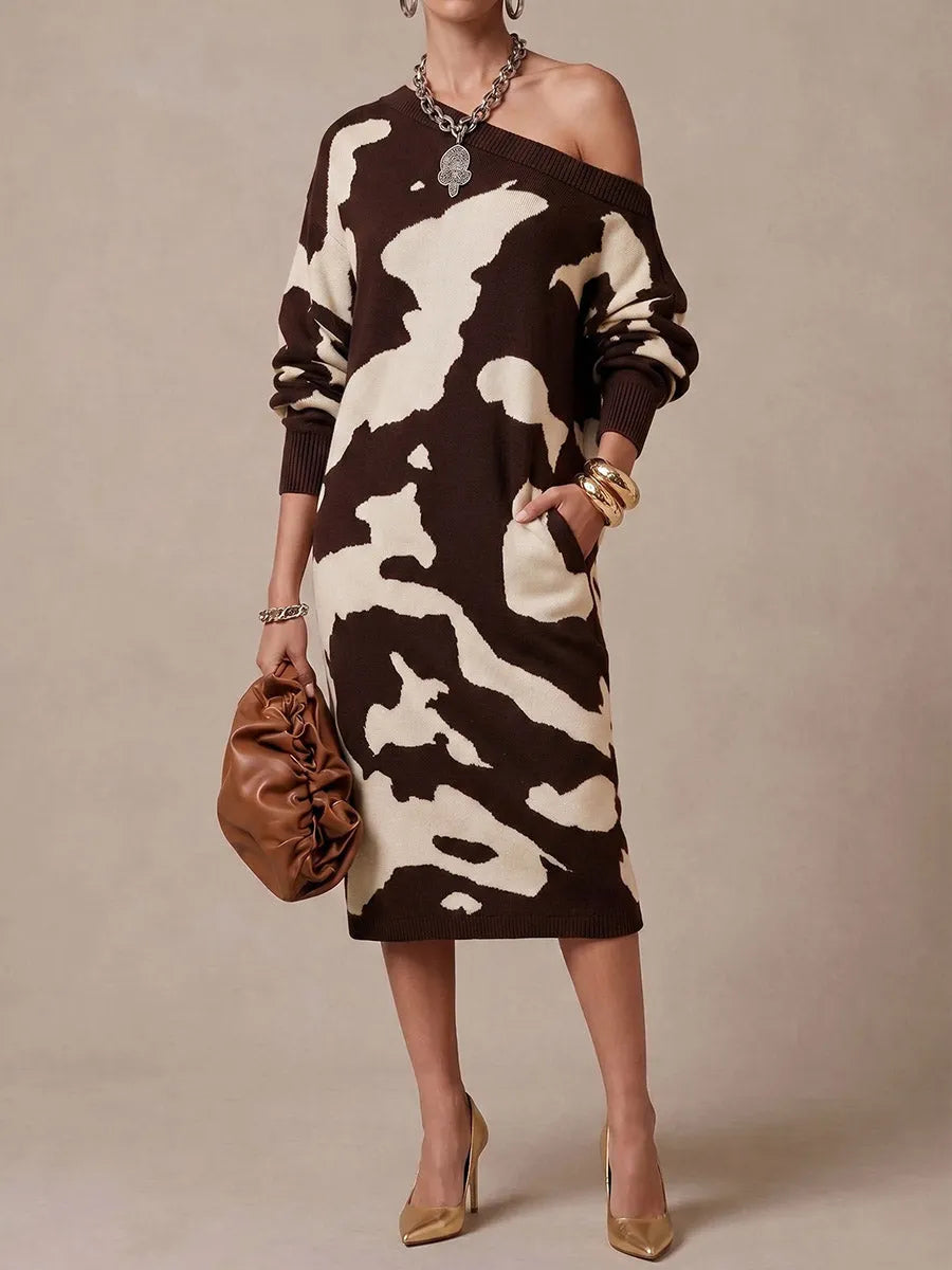Women's Abstract Print Off-shoulder Neck Long Sleeve Casual Loose Knit Dress