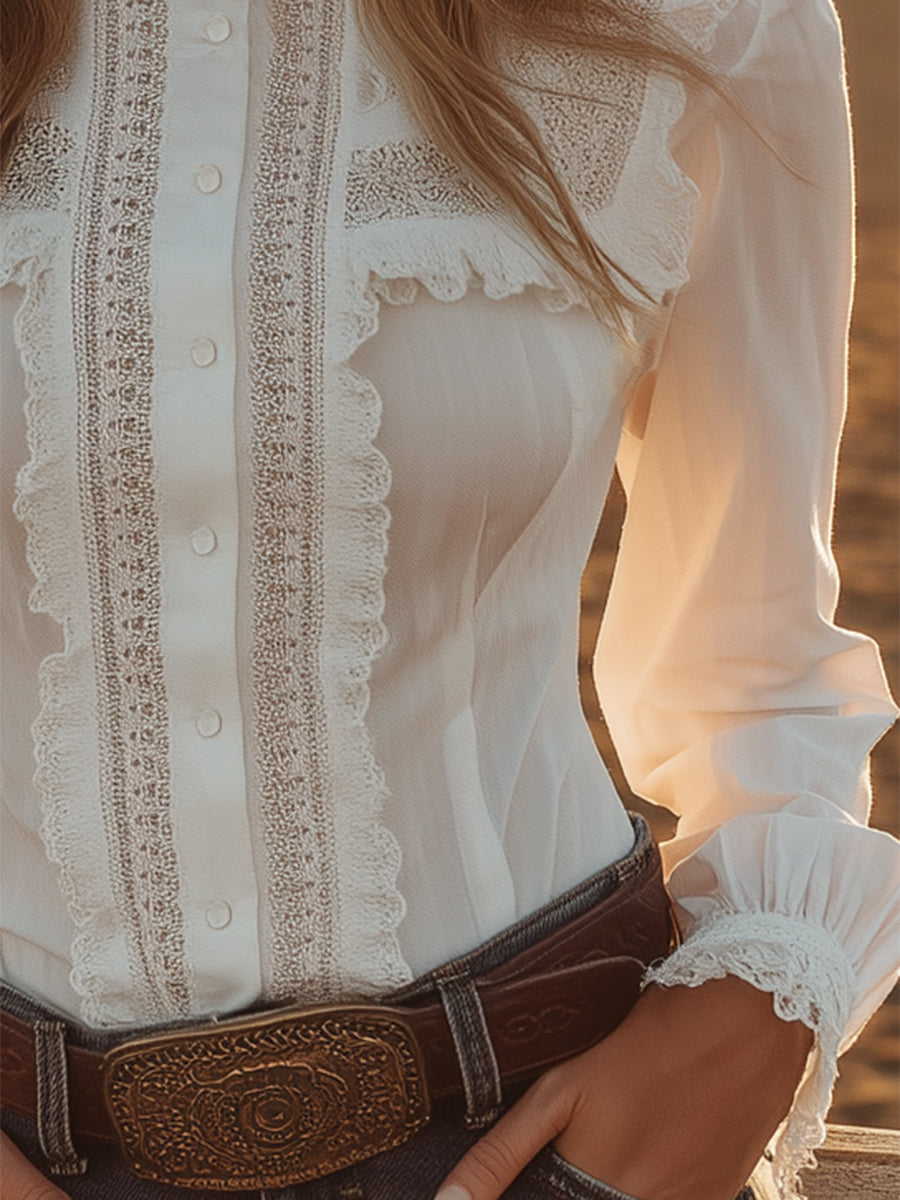 銆�24-hour shipping out銆慦estern-style White Lace Button-down Shirt