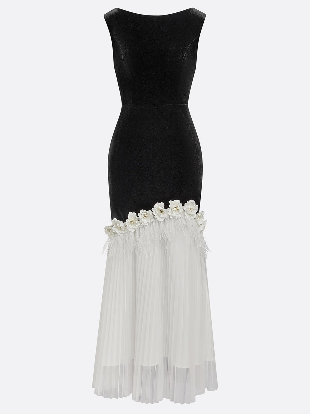 Black Tassel 3D Floral Velvet Boat Neck Sleeveless Mermaid Midi Dress