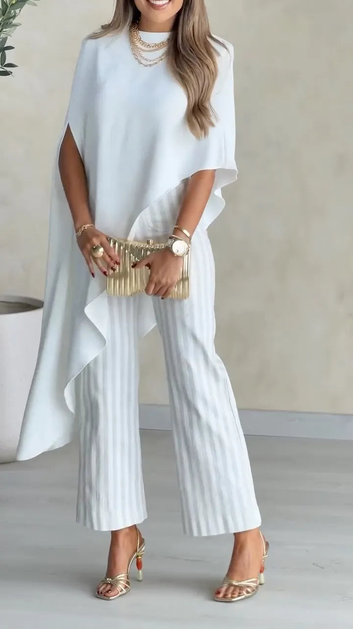 Asymmetric Cape Top & Striped Pants Set