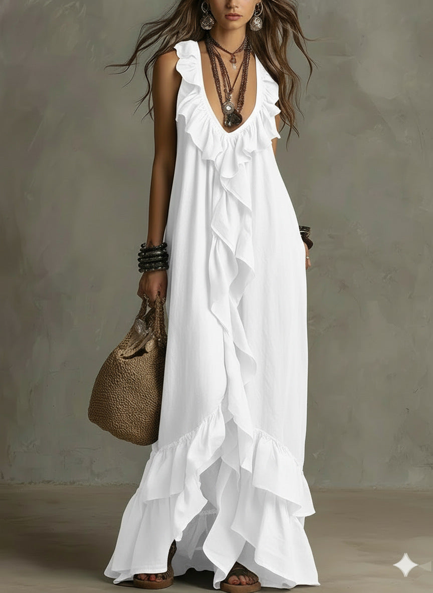 Casual Bohemian Urban V-Neck Short-Sleeved Ruffle Retro Dress