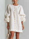 Women's 3D Floral Cuff Balloon Sleeve Mini Dress, Front Floral Button Cotton Linen Blend Shift Dress