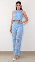 Floral Lace Crop Top & Straight Pants Set