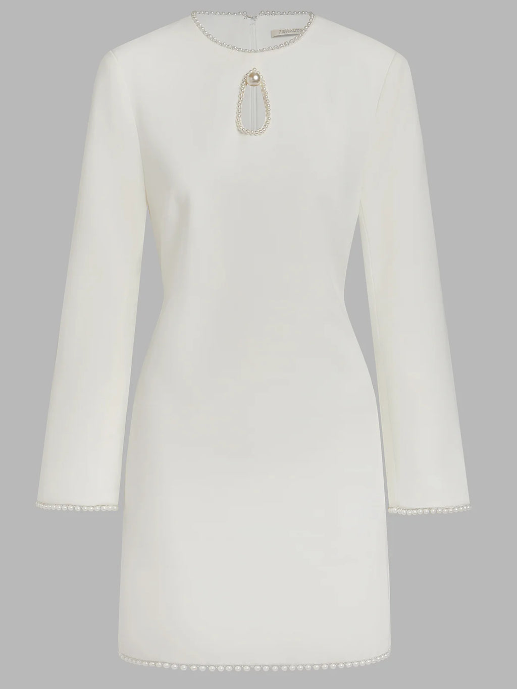 White Faux Pearl Cut Out Classic Crew Neck Long Sleeve Sheath Mini Dress