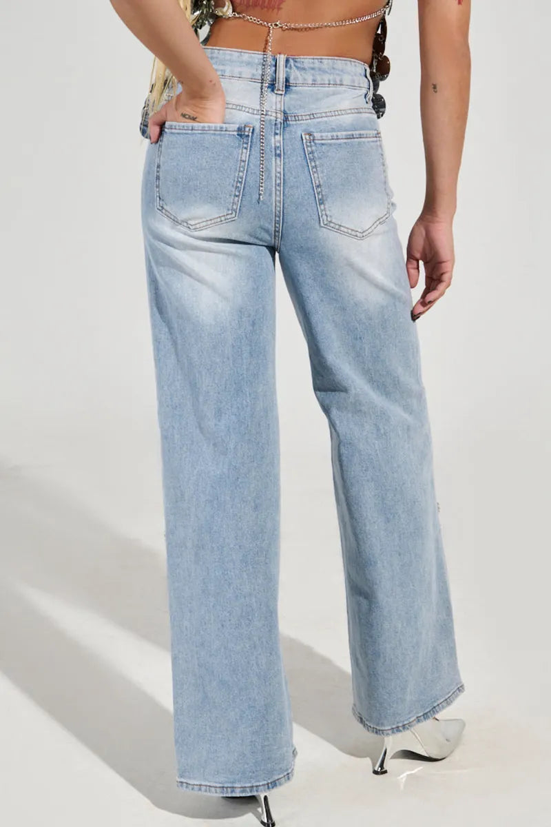 Elegant Crystal Butterfly Accent High-Waisted Jeans