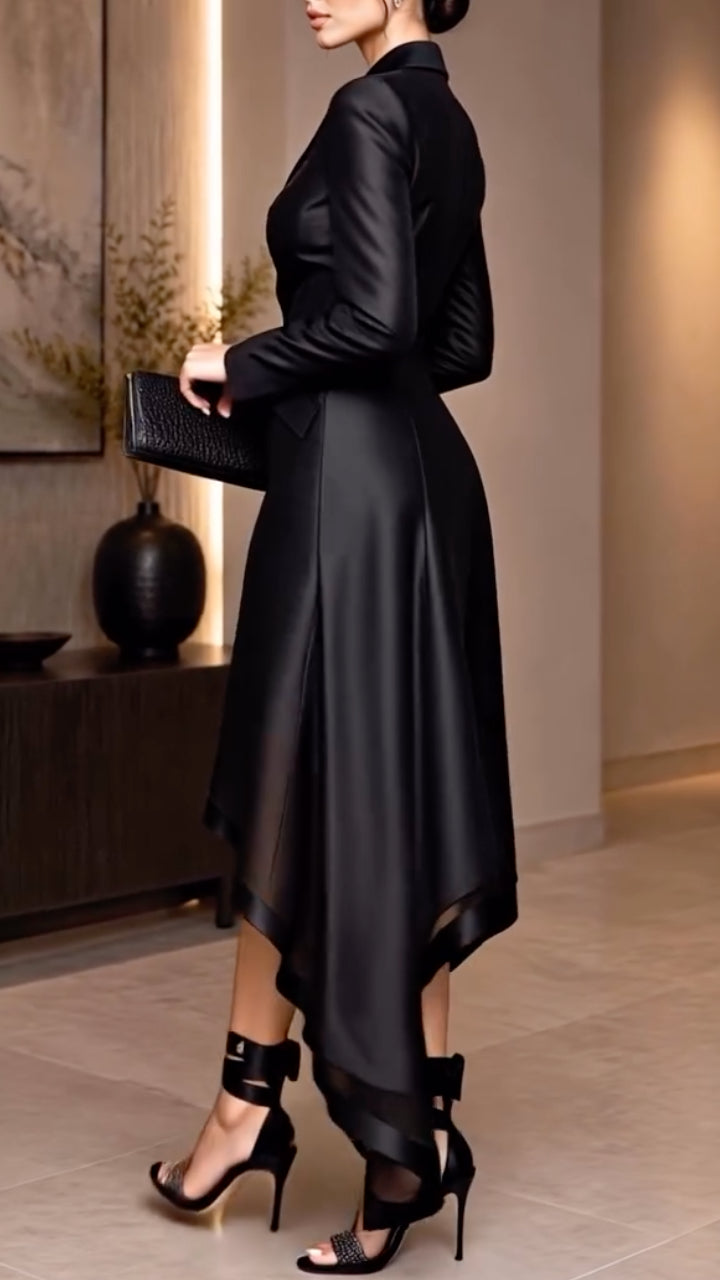 Black Satin High‑Low Blazer Dress