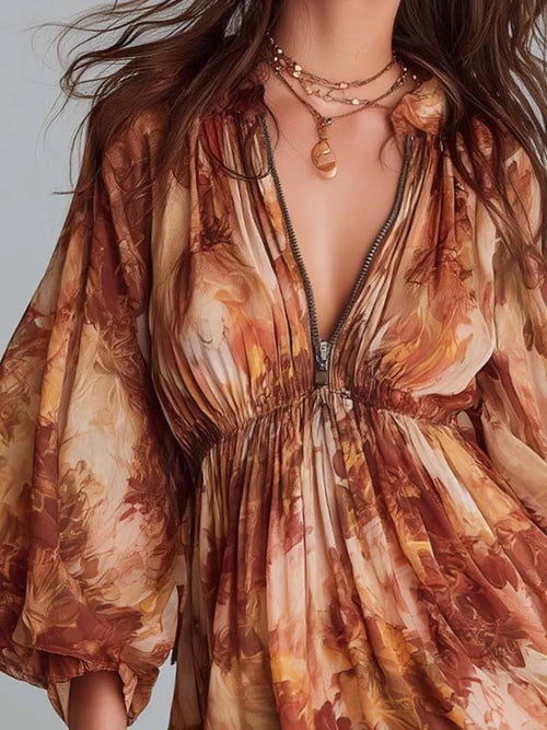 Floral Chiffon Zip-Front Mini Dress