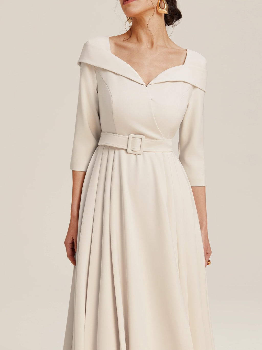 Off White Pleated Ruched Three Quarter Sleeve A-Line Maxi Dress